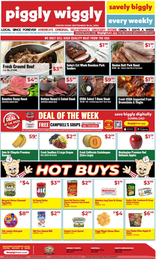 Piggly Wiggly weekly ad for September 18-24, 2024, featuring fresh meat deals, produce offers, and hot buys including Tide Laundry Detergent and Jif Peanut Butter.